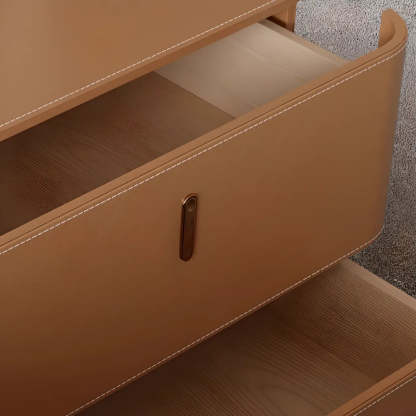 Modern Coffee Leather Nightstand with Drawers — Off-White