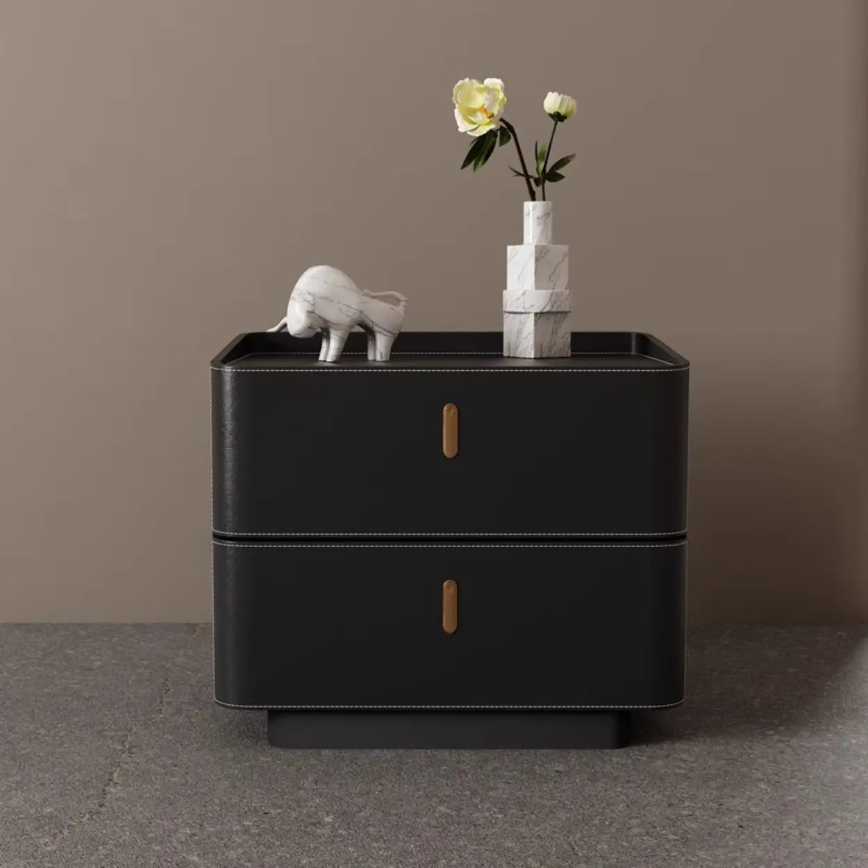 Modern Coffee Leather Nightstand with Drawers — Coffee