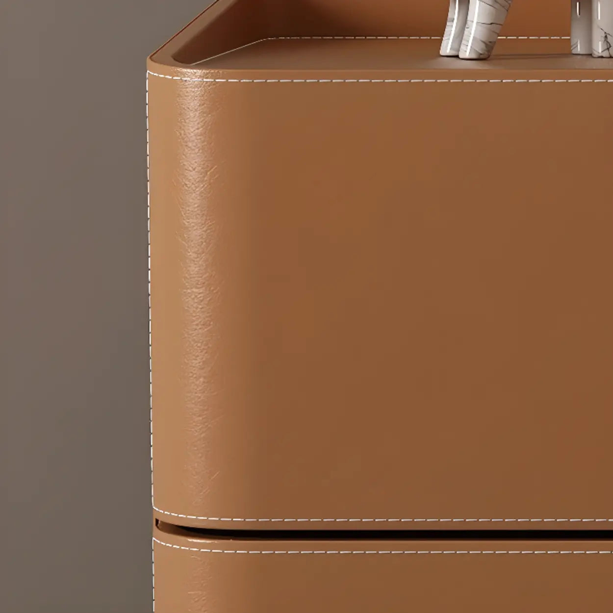 Modern Coffee Leather Nightstand with Drawers — Light Gray