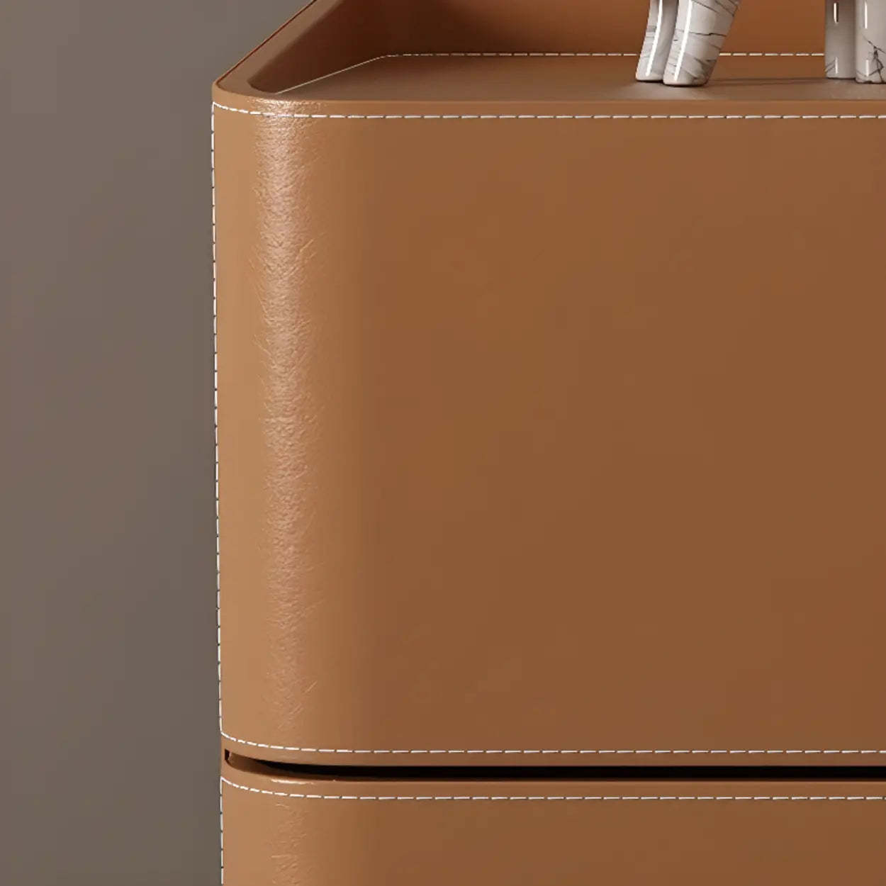 Modern Coffee Leather Nightstand with Drawers — Light Gray