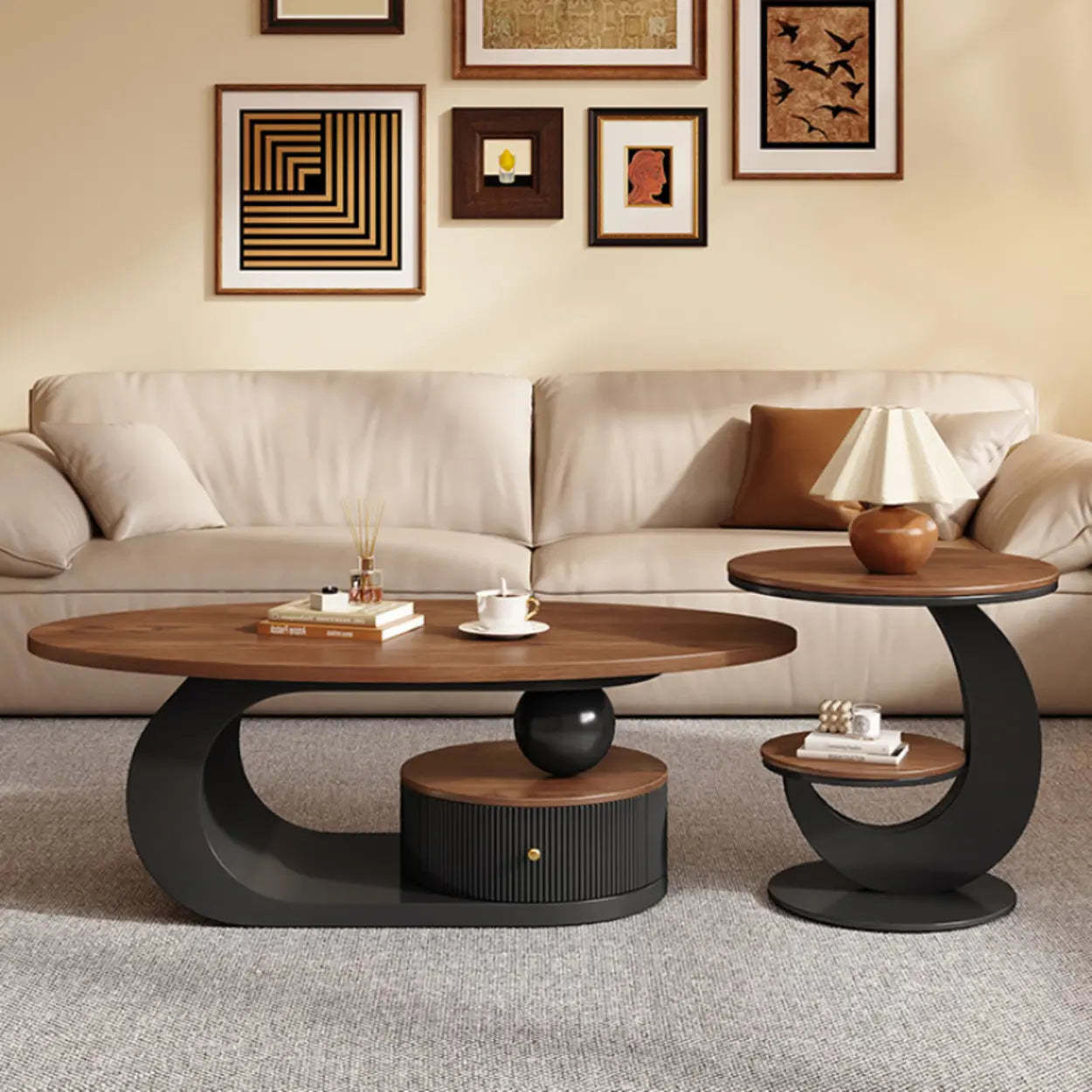 Modern Wood and Metal Coffee Table Set with Storage — Walnut/ Black