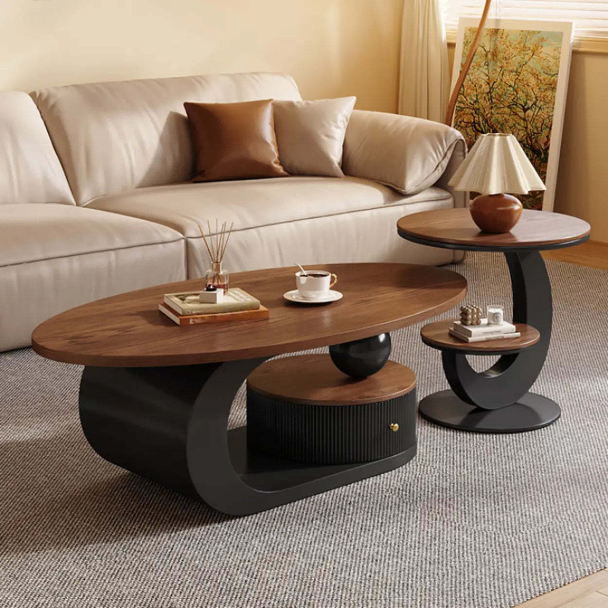 Modern Wood and Metal Coffee Table Set with Storage — Walnut/ Black