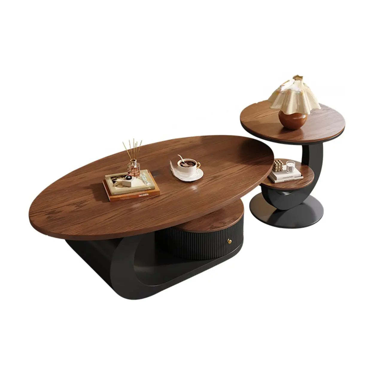 Modern Wood and Metal Coffee Table Set with Storage — Walnut/ Black