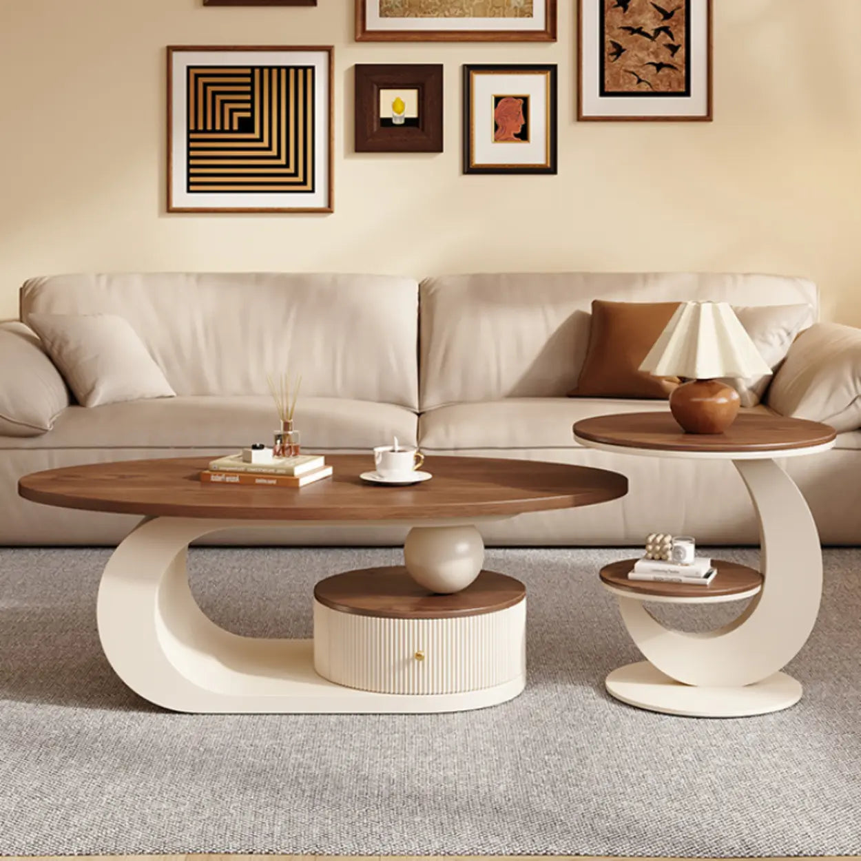 Modern Wood and Metal Coffee Table Set with Storage — Walnut/ Black
