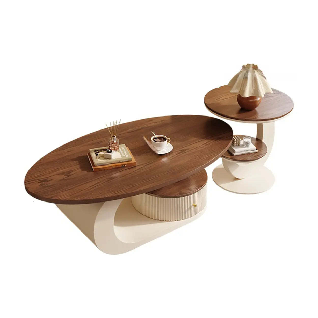 Modern Wood and Metal Coffee Table Set with Storage — Walnut/ White