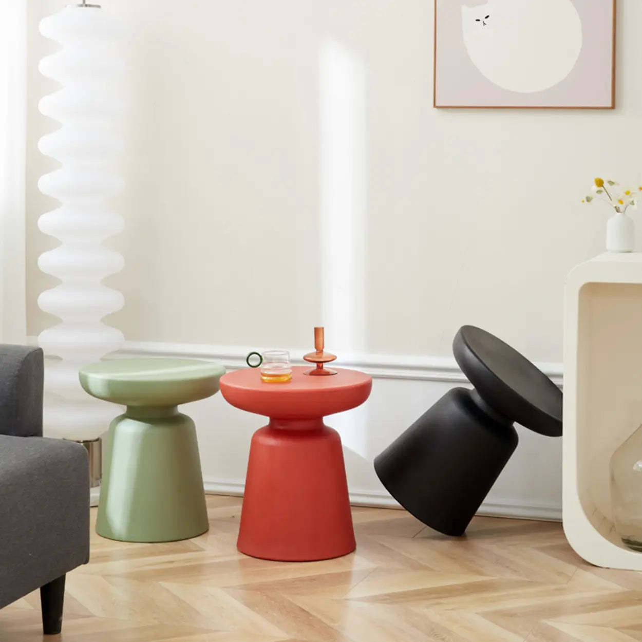 Minimalist Red Drum Wood Round Side Table — Off-White