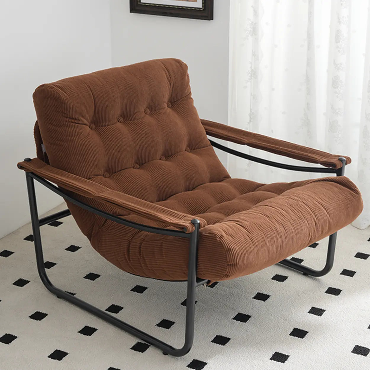 Modern Corduroy Brown Tufted Back Accent Chair with Arms