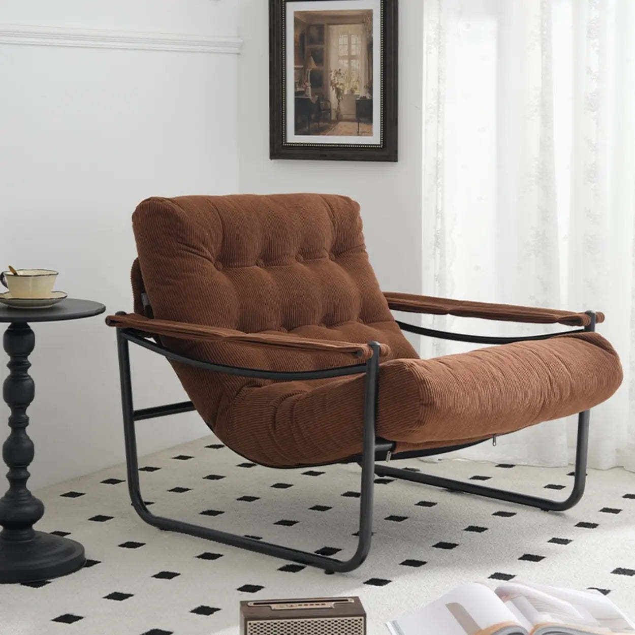 Modern Corduroy Brown Tufted Back Accent Chair with Arms — Brown