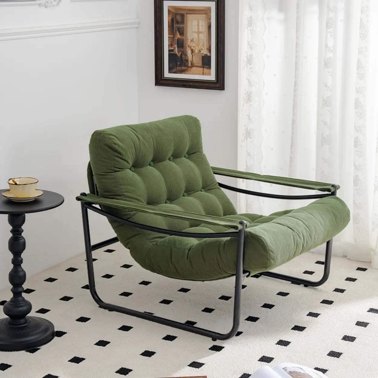 Modern Corduroy Brown Tufted Back Accent Chair with Arms — Black White