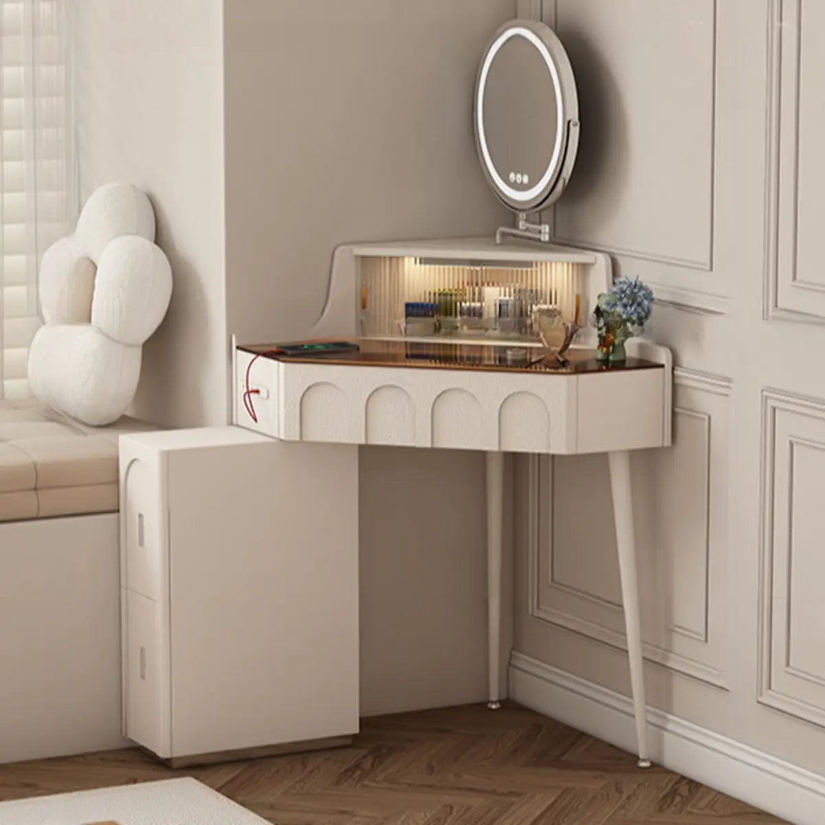 Modern Corner Faux Leather Mirror Light Vanity Set