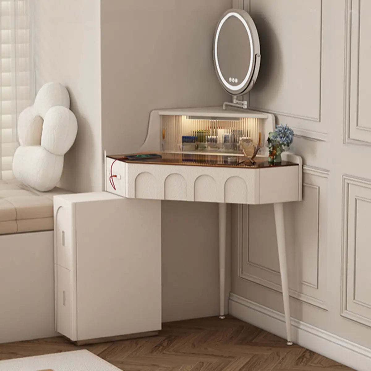 Modern Corner Faux Leather Mirror Light Vanity Set