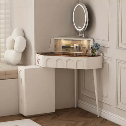 Modern Corner Faux Leather Mirror Light Vanity Set