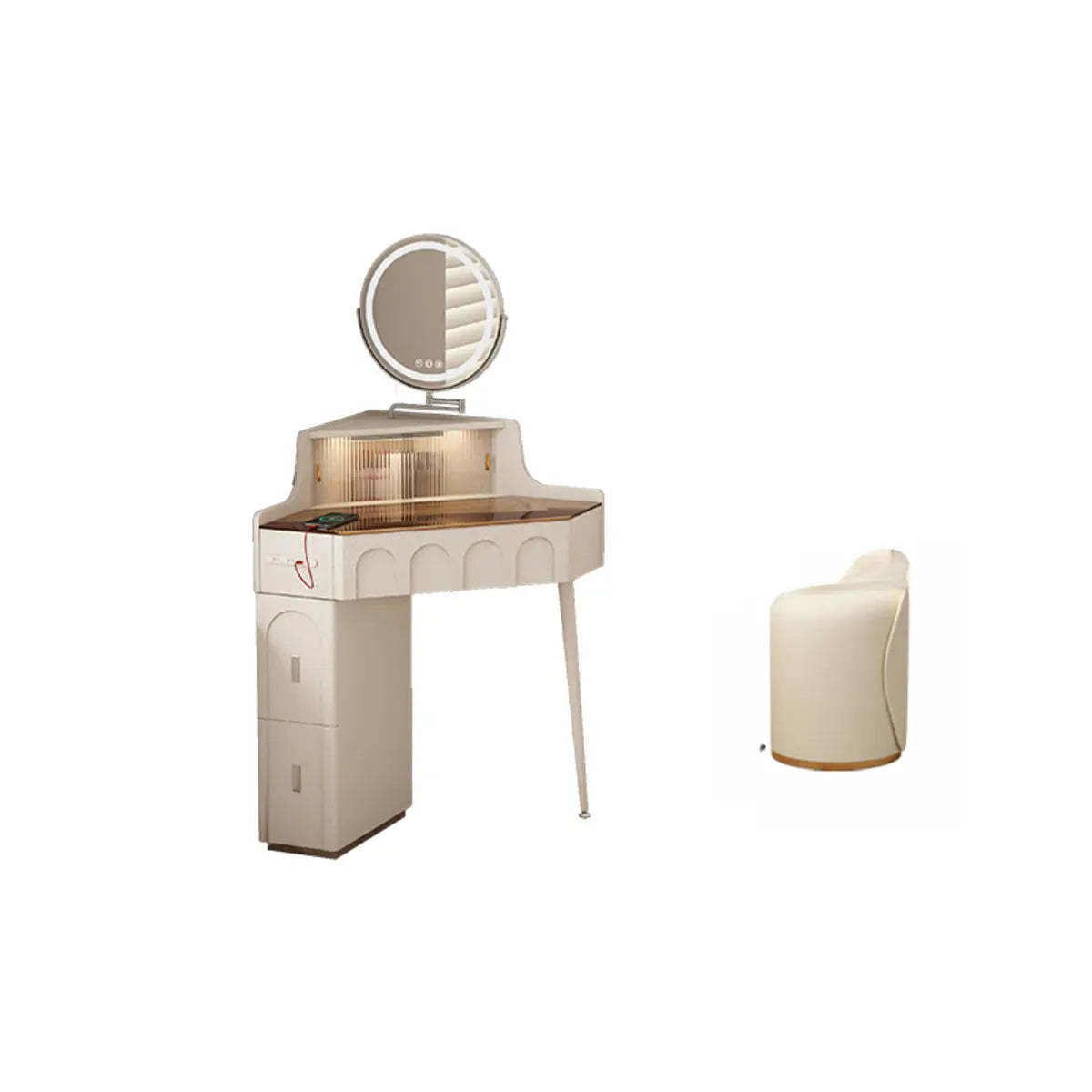 Modern Corner Faux Leather Mirror Light Vanity Set