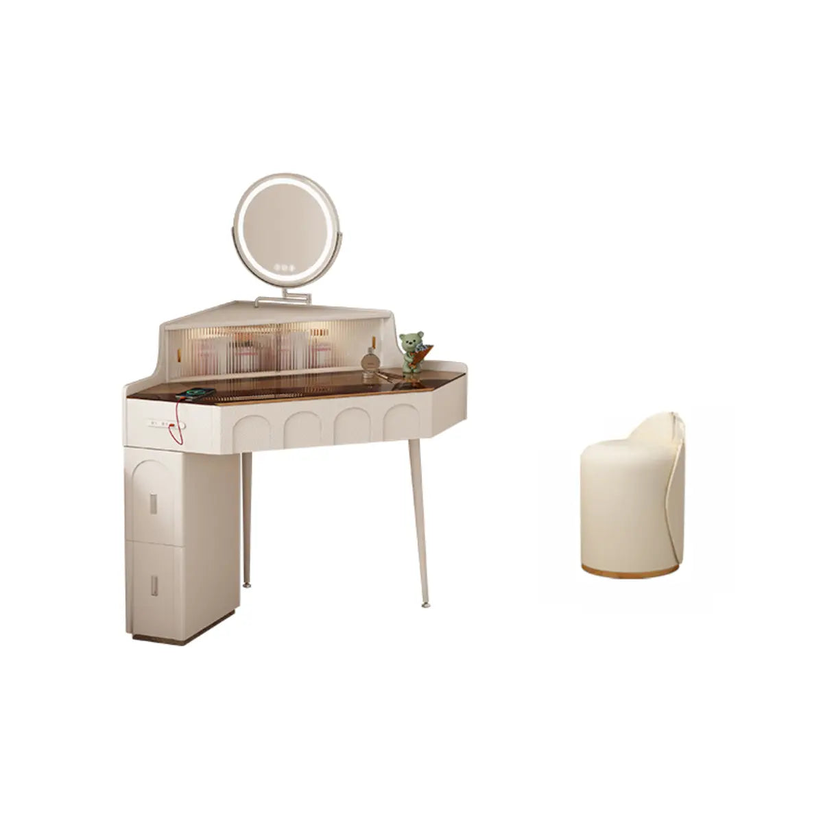 Modern Corner Faux Leather Mirror Light Vanity Set
