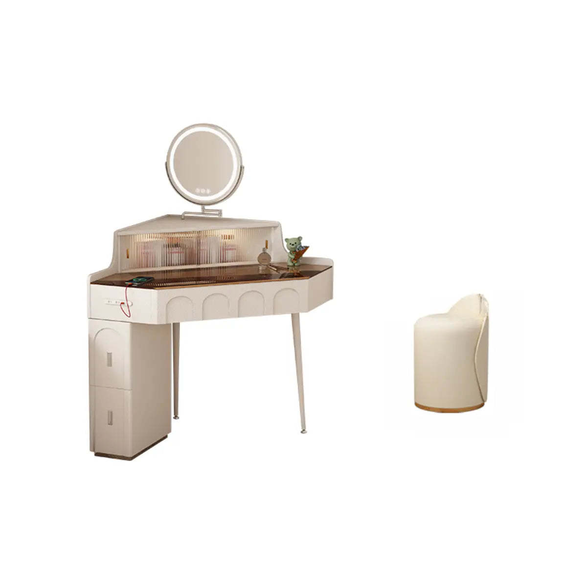 Modern Corner Faux Leather Mirror Light Vanity Set