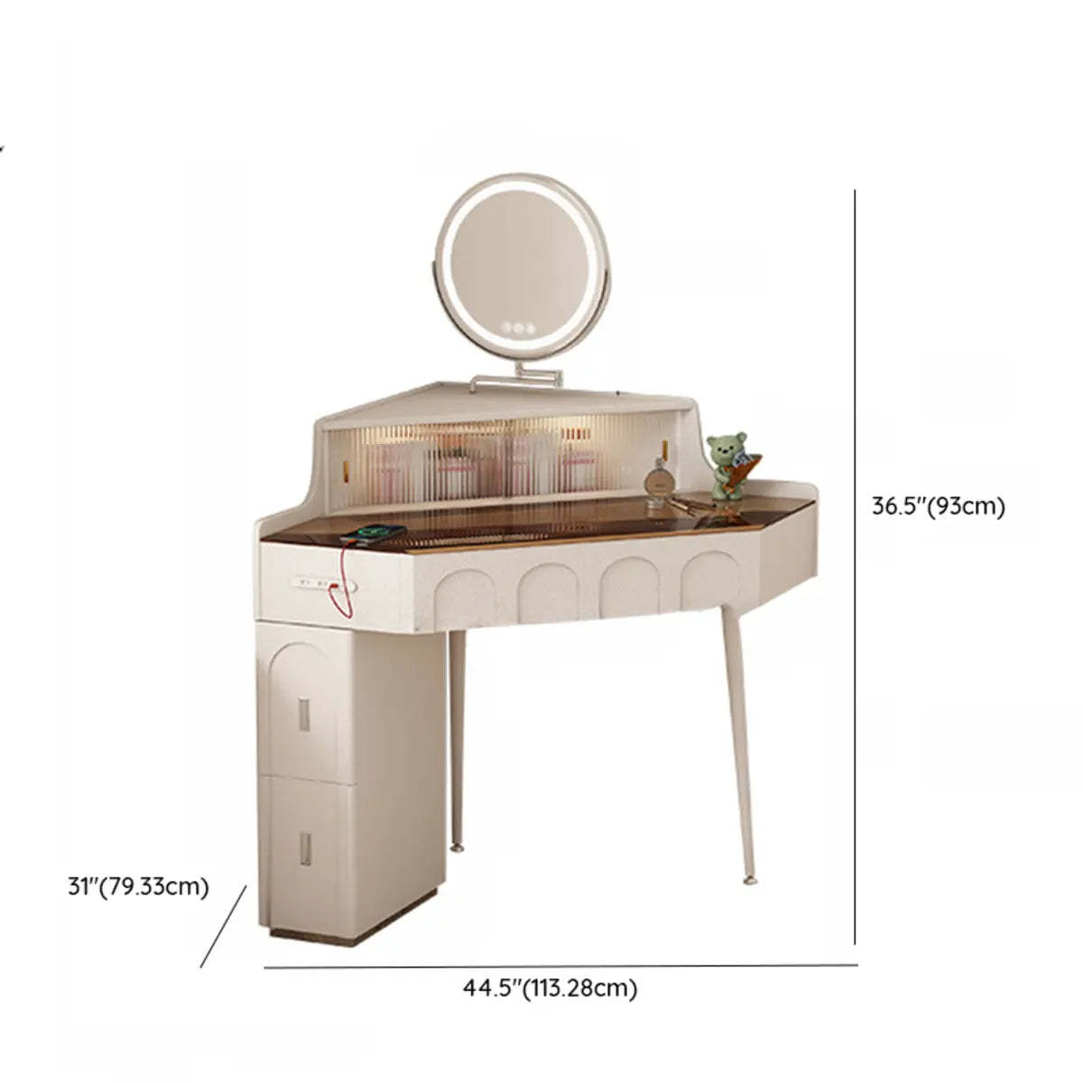 Modern Corner Faux Leather Mirror Light Vanity Set