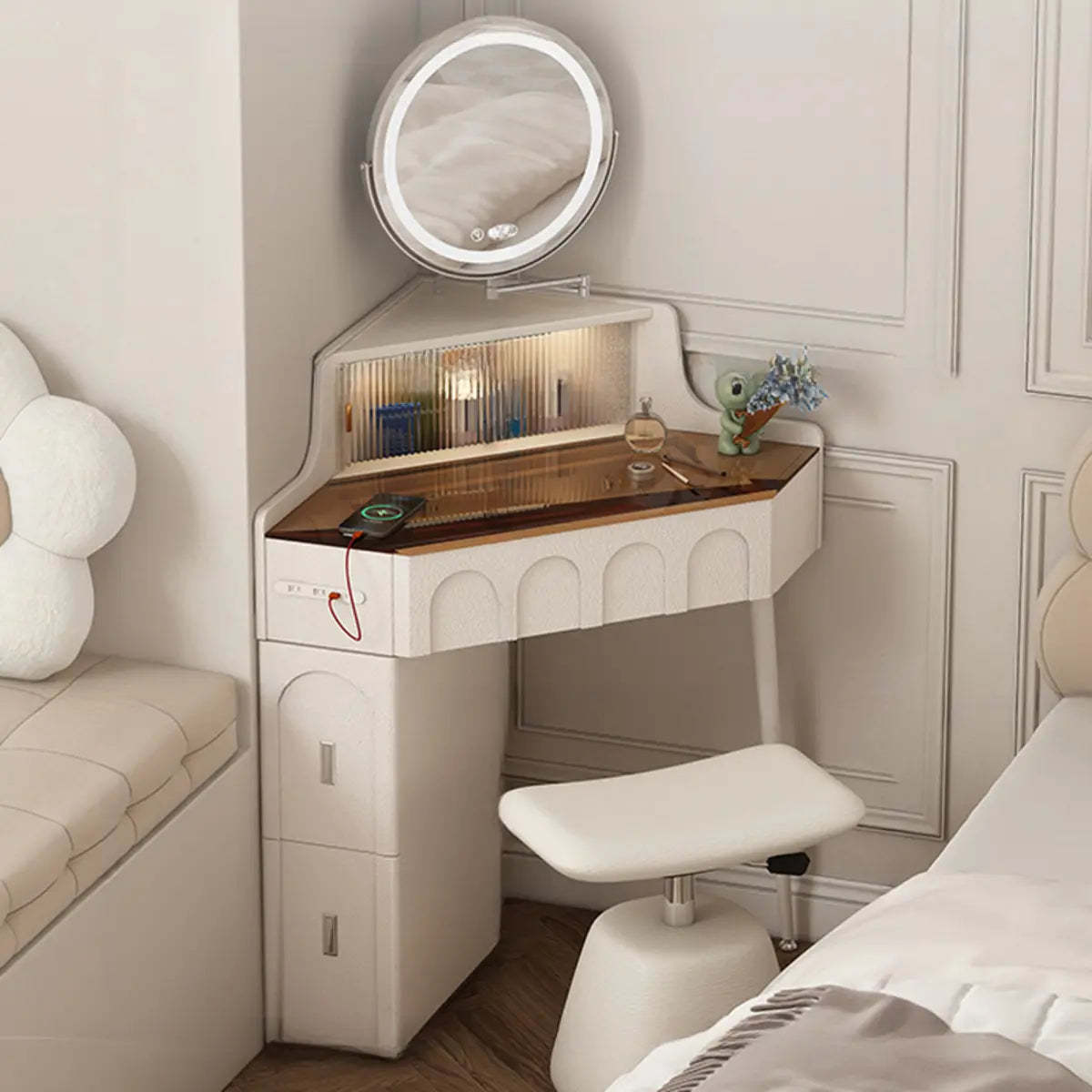 Modern Corner Faux Leather Mirror Light Vanity Set — Makeup Vanities