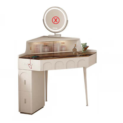 Modern Corner Faux Leather Mirror Light Vanity Set — Makeup Vanity & Stool