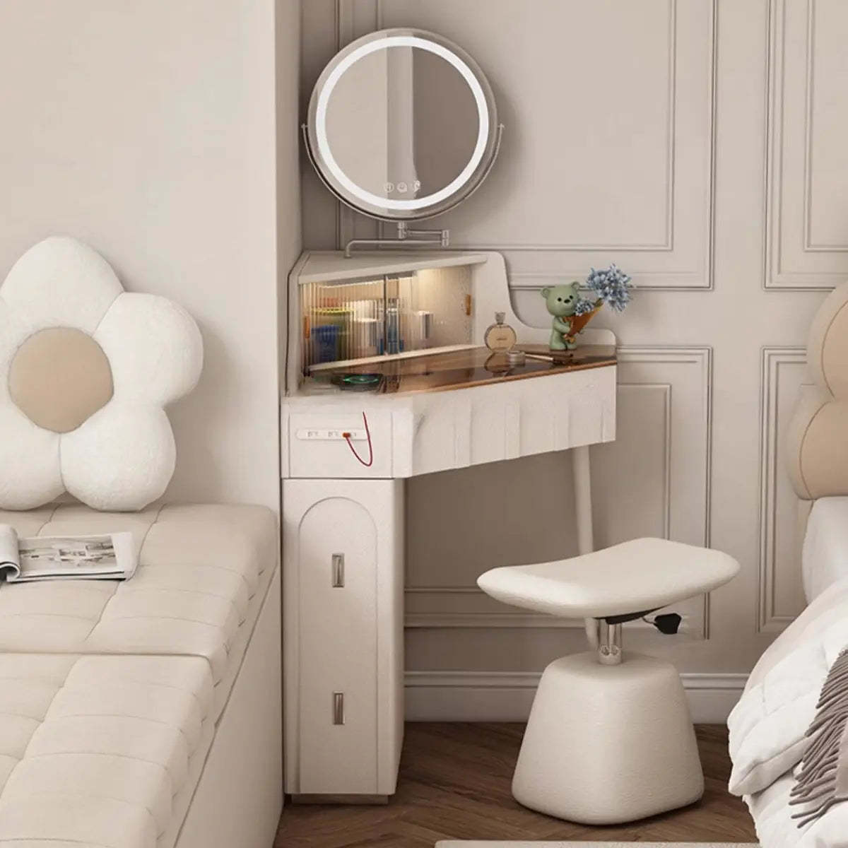 Modern Corner Faux Leather Mirror Light Vanity Set — Makeup Vanity & Stool & Mirror