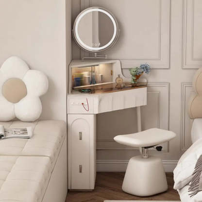 Modern Corner Faux Leather Mirror Light Vanity Set — Makeup Vanity & Stool & Mirror