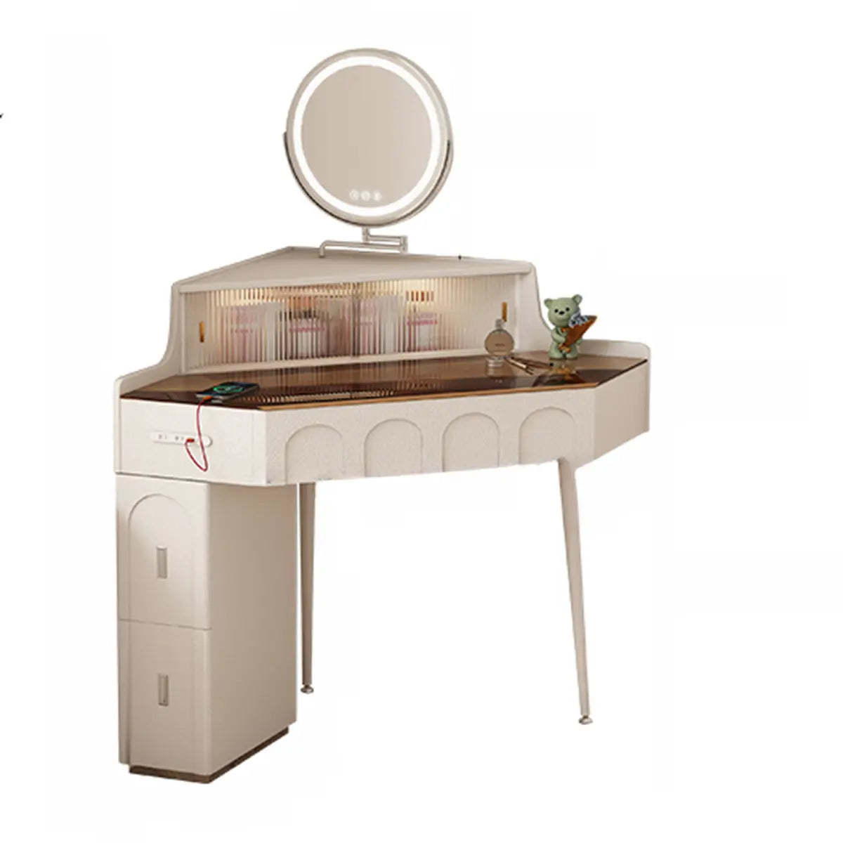 Modern Corner Faux Leather Mirror Light Vanity Set — Makeup Vanity & Stool