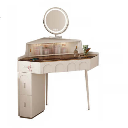 Modern Corner Faux Leather Mirror Light Vanity Set — Makeup Vanity & Stool