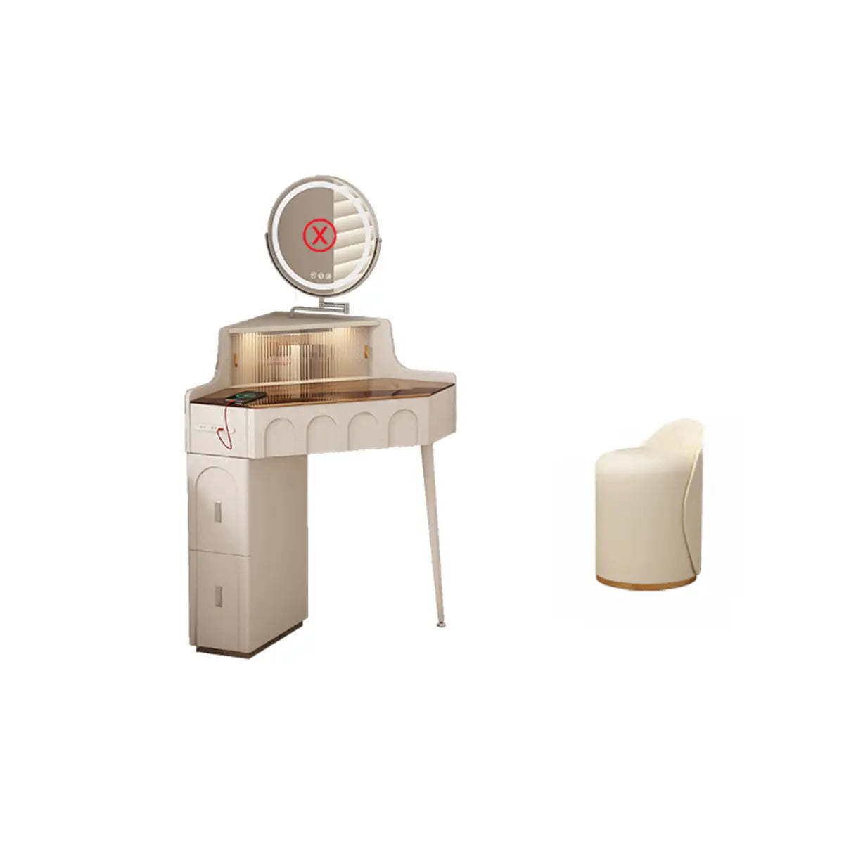 Modern Corner Faux Leather Mirror Light Vanity Set