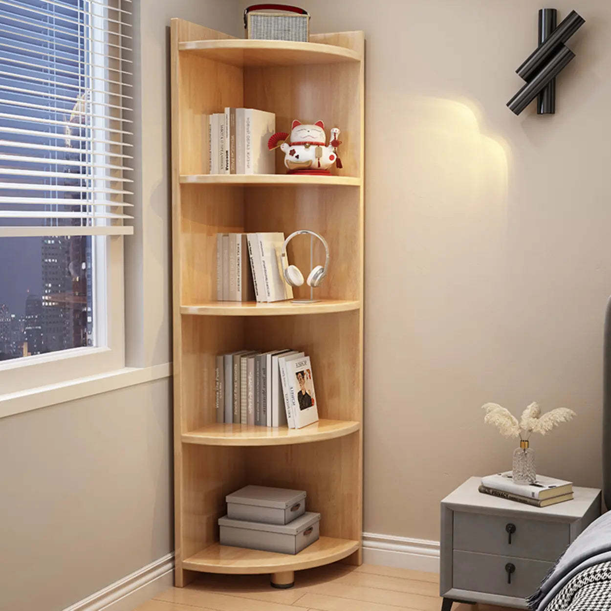 Modern Corner Multi-Shelf Wood Bookcase — Grey