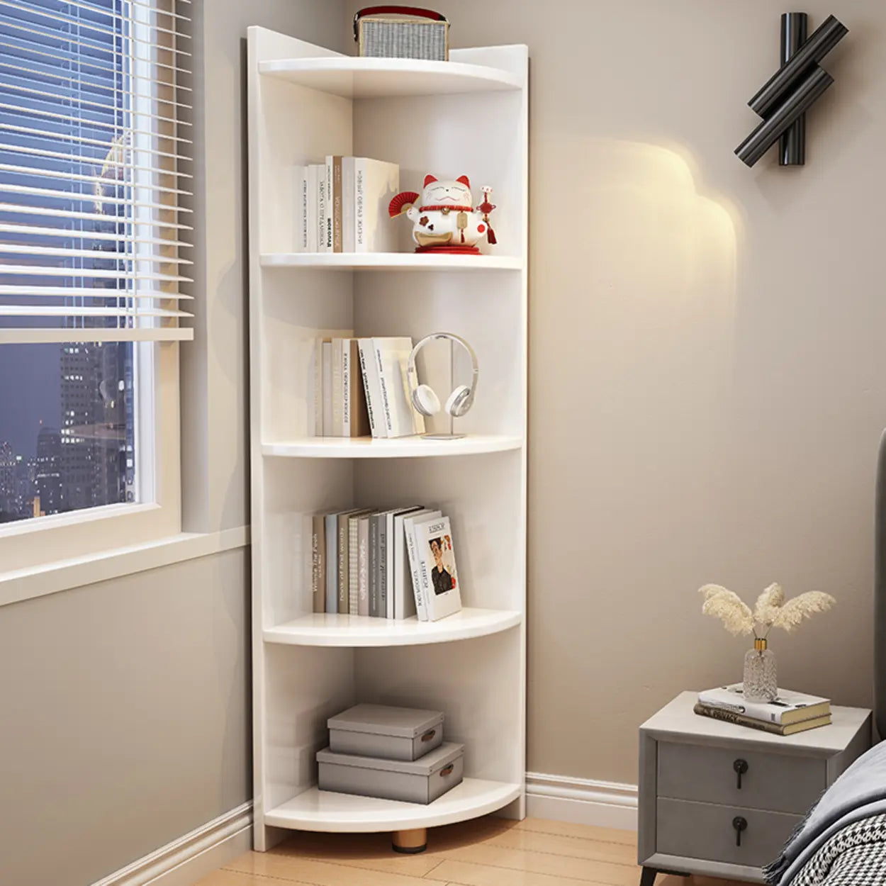Modern Corner Multi-Shelf Wood Bookcase