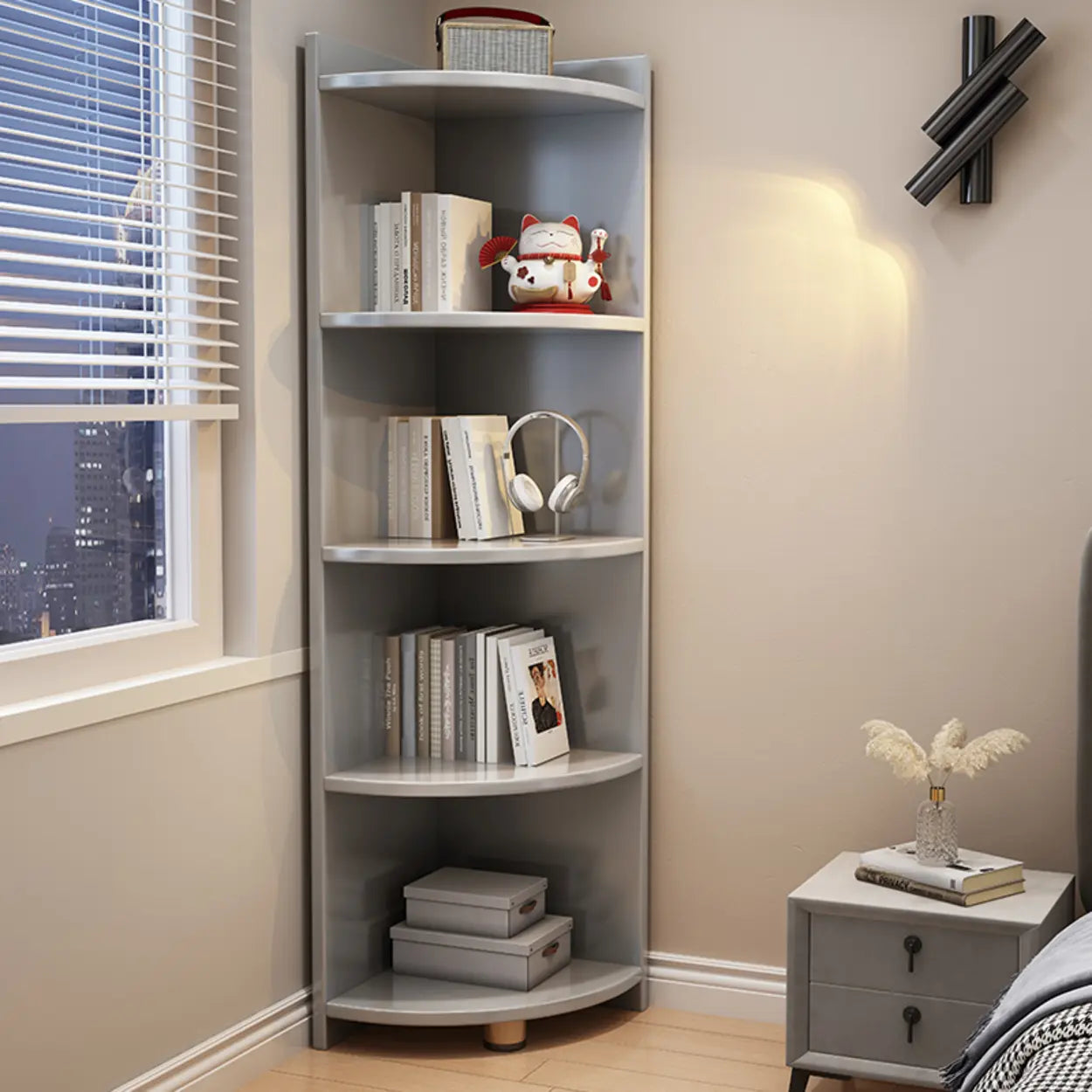 Modern Corner Multi-Shelf Wood Bookcase