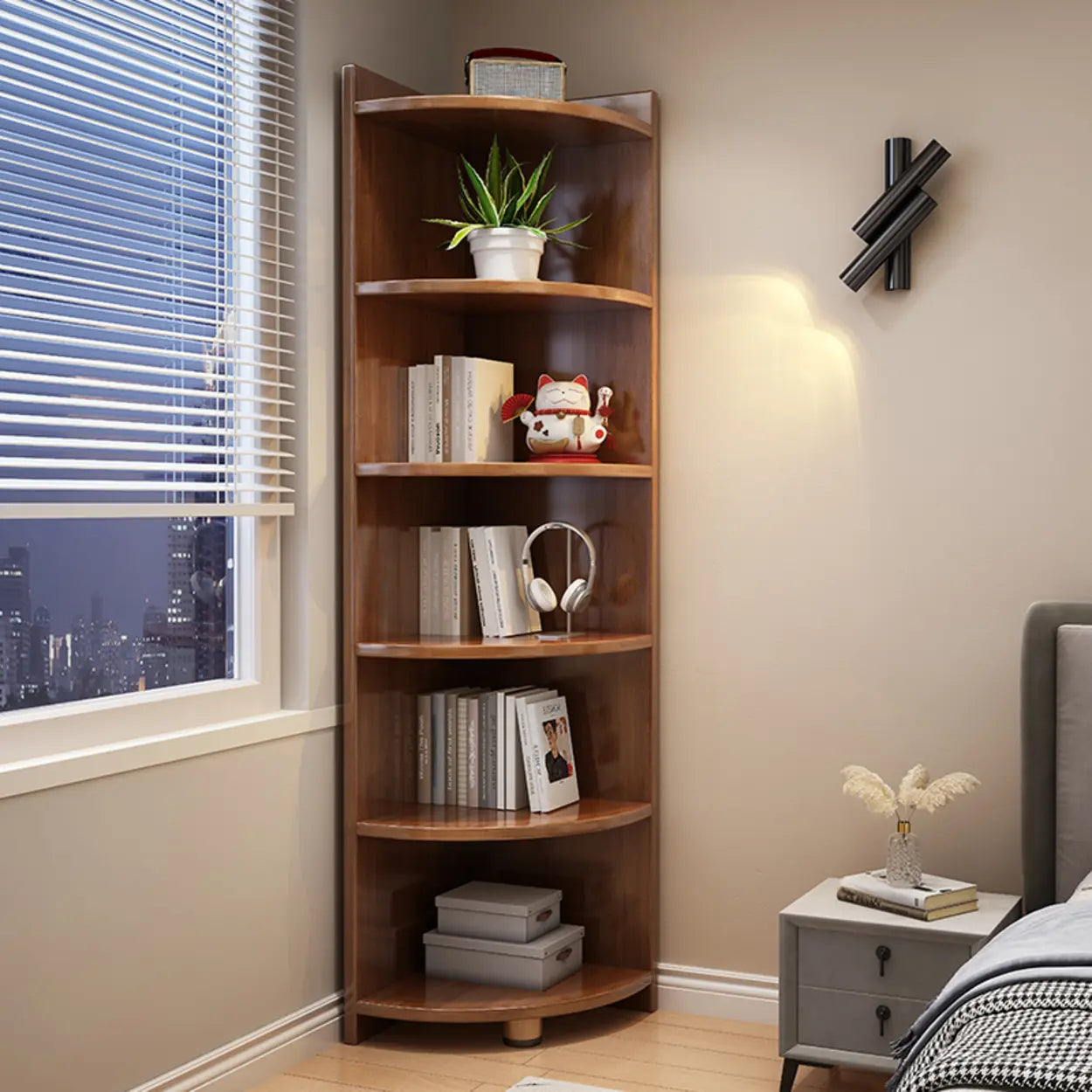 Modern Corner Multi-Shelf Wood Bookcase
