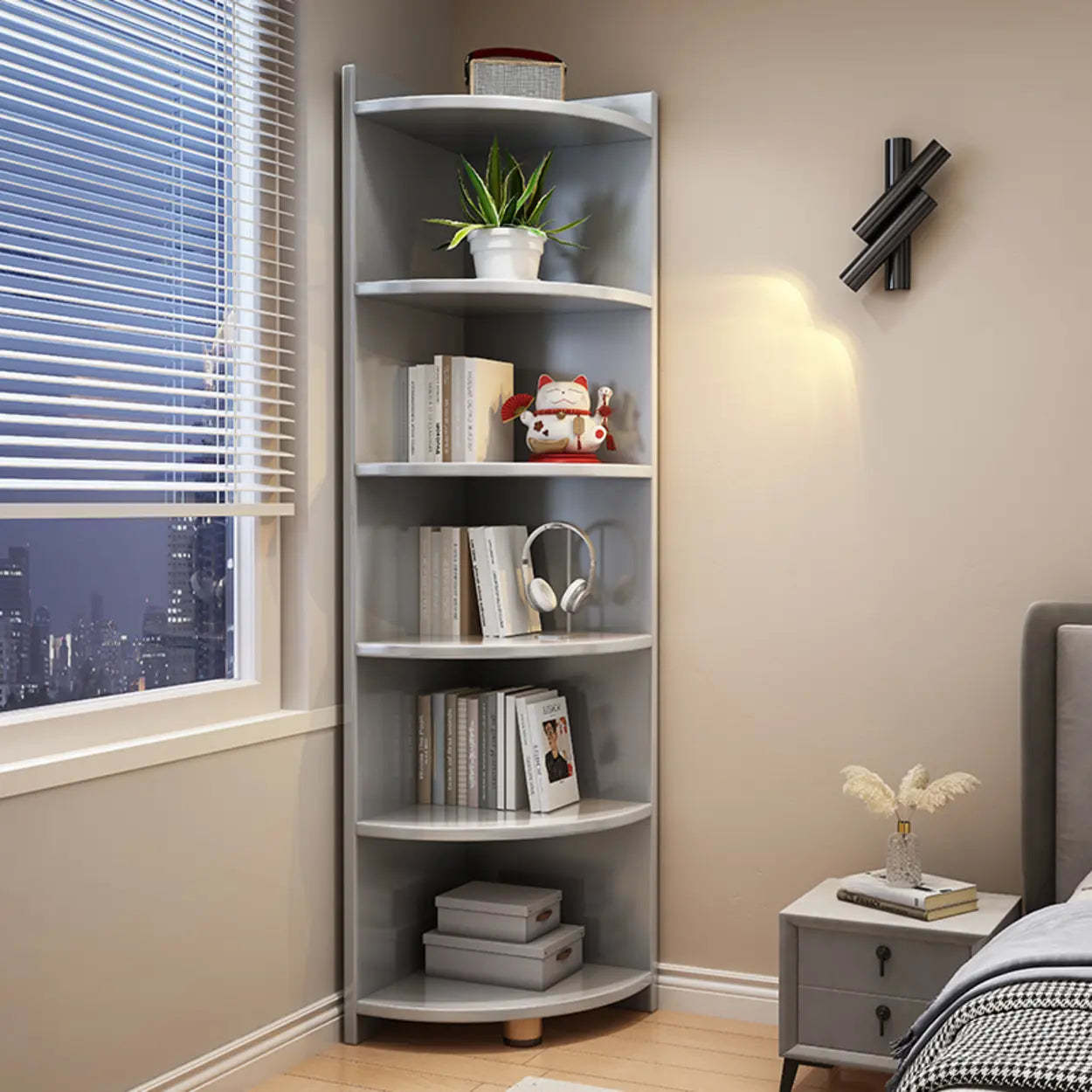Modern Corner Multi-Shelf Wood Bookcase