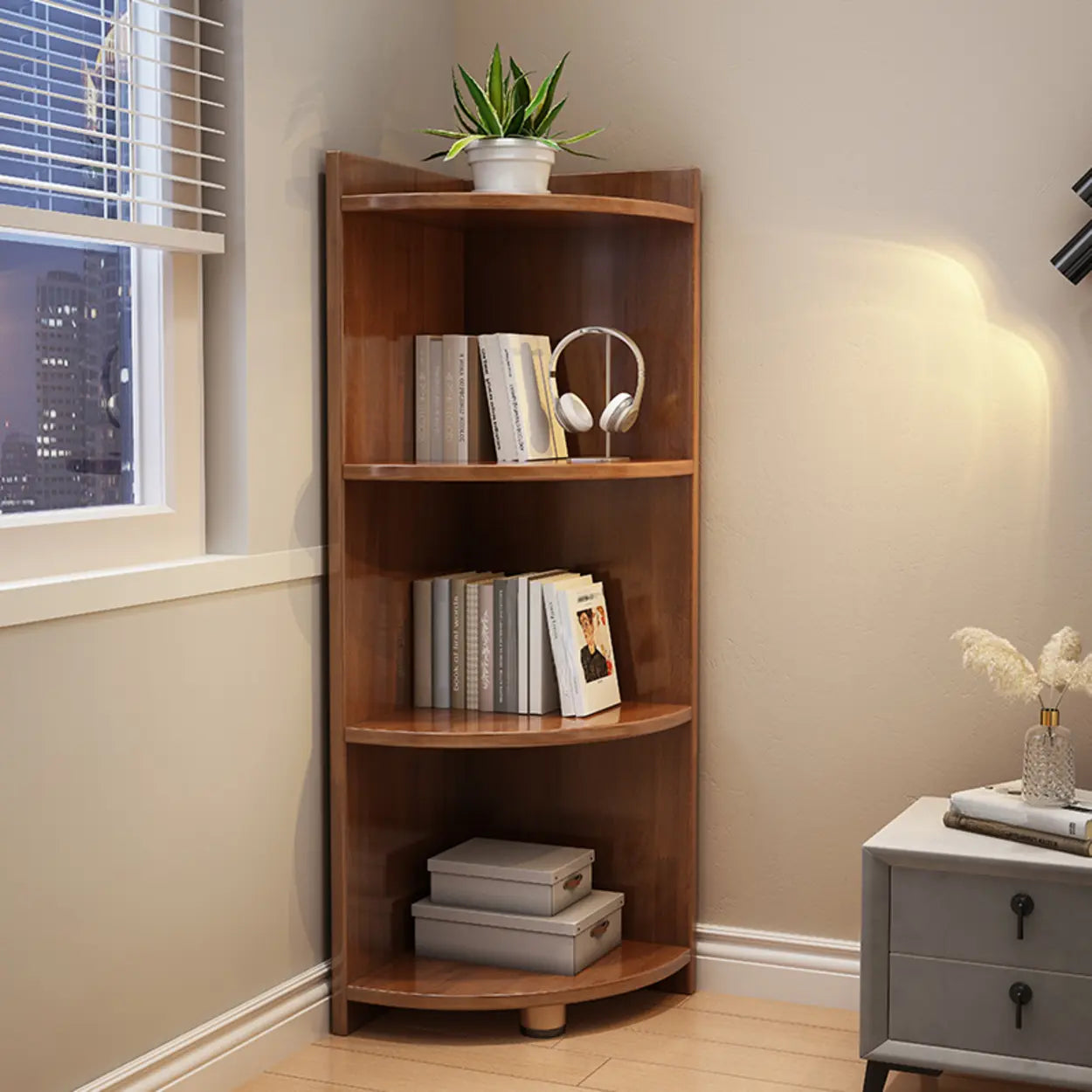 Modern Corner Multi-Shelf Wood Bookcase — Nut-Brown