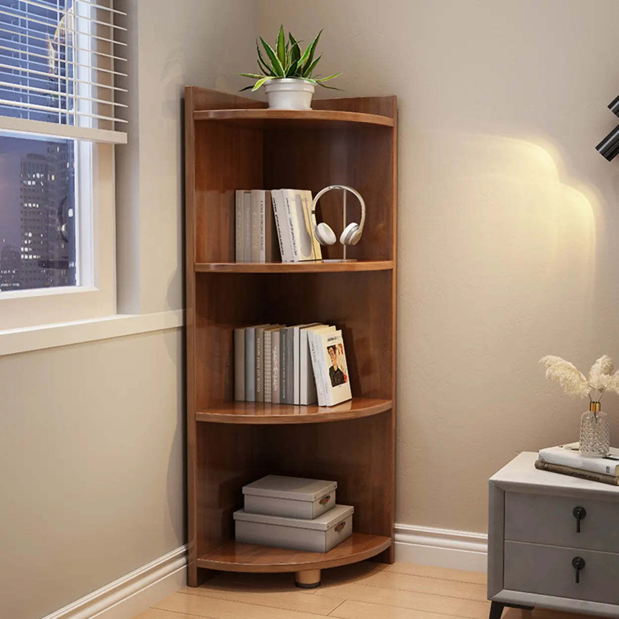 Modern Corner Multi-Shelf Wood Bookcase — Nut-Brown
