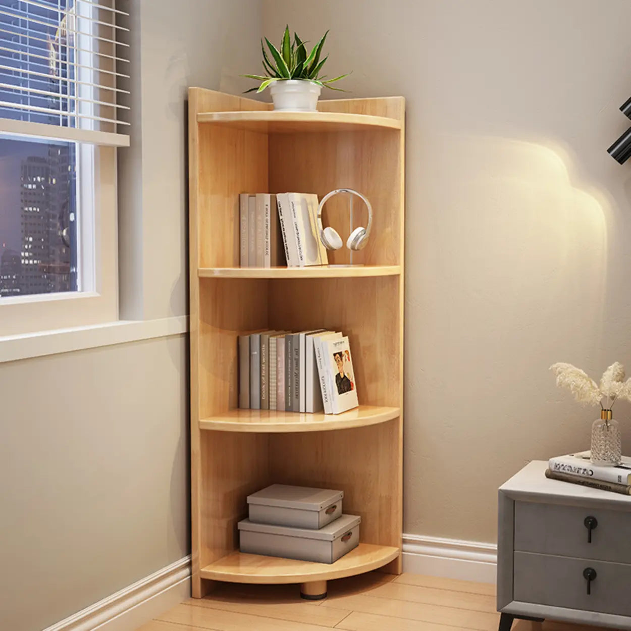 Modern Corner Multi-Shelf Wood Bookcase — Grey