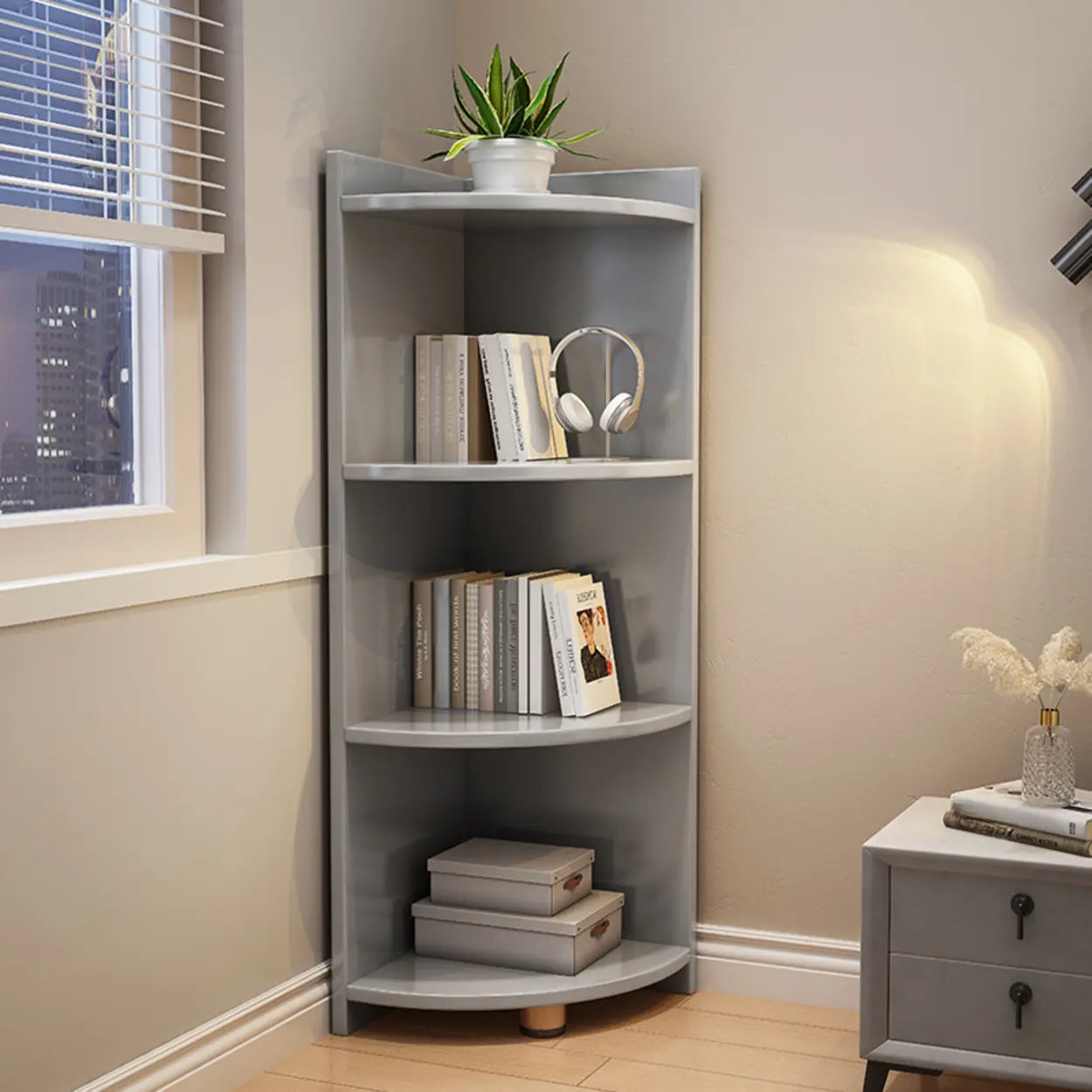 Modern Corner Multi-Shelf Wood Bookcase — Grey