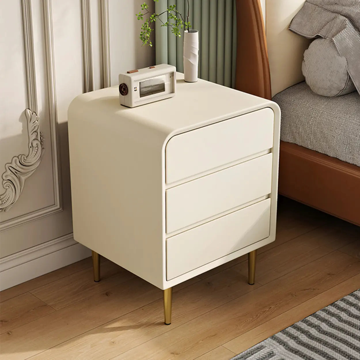 Modern Cream Leather Nightstand with Gold Legs