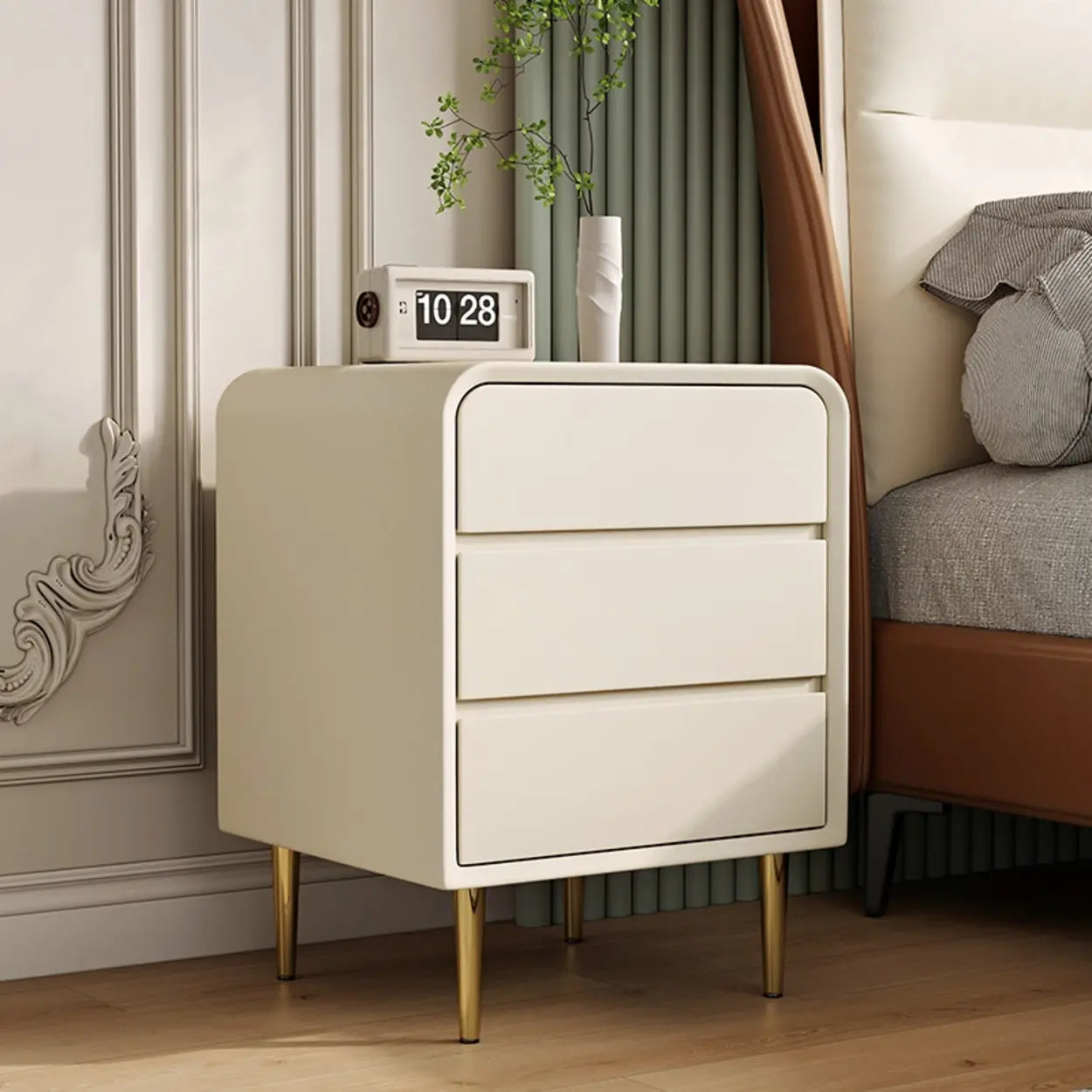 Modern Cream Leather Nightstand with Gold Legs — Cream