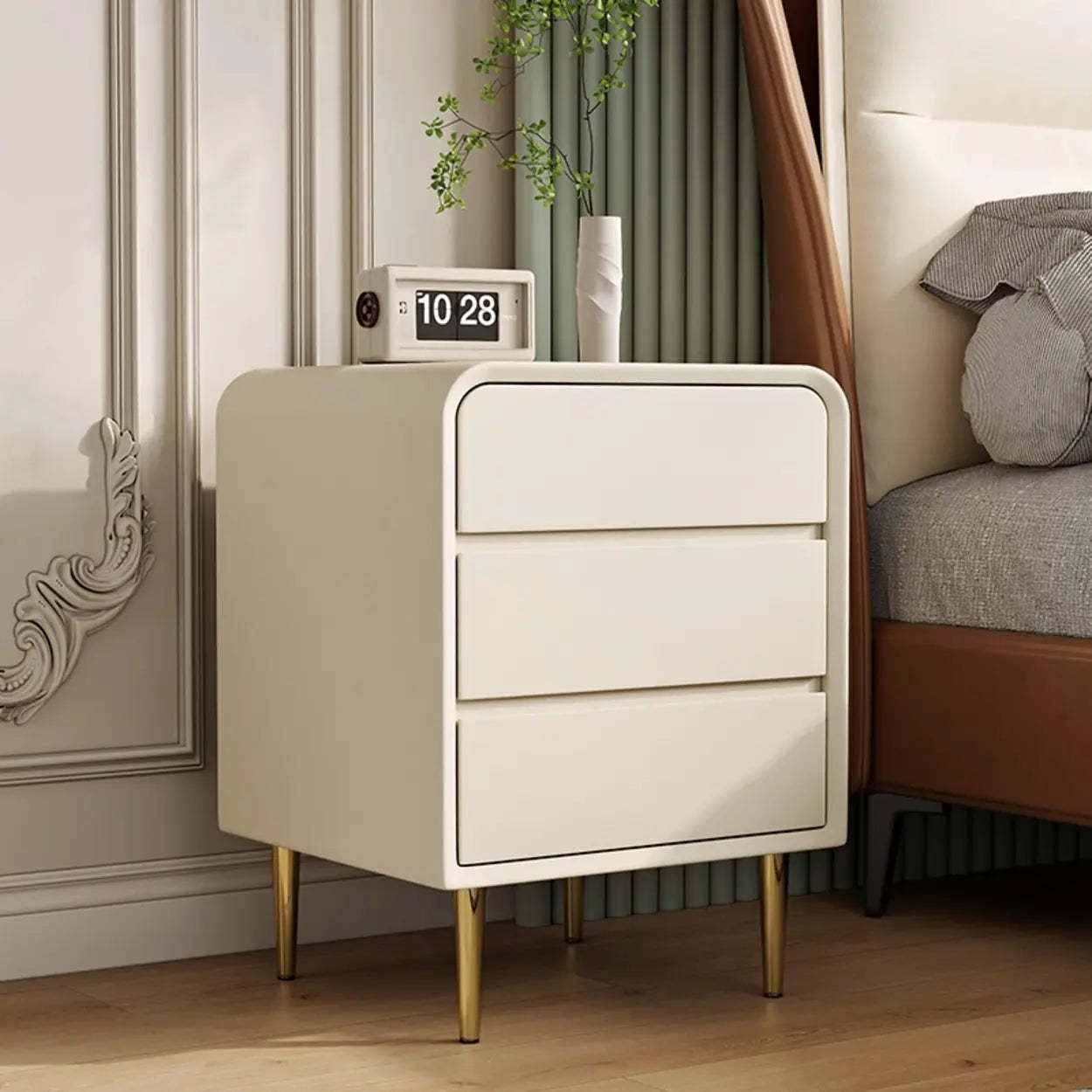 Modern Cream Leather Nightstand with Gold Legs — Cream