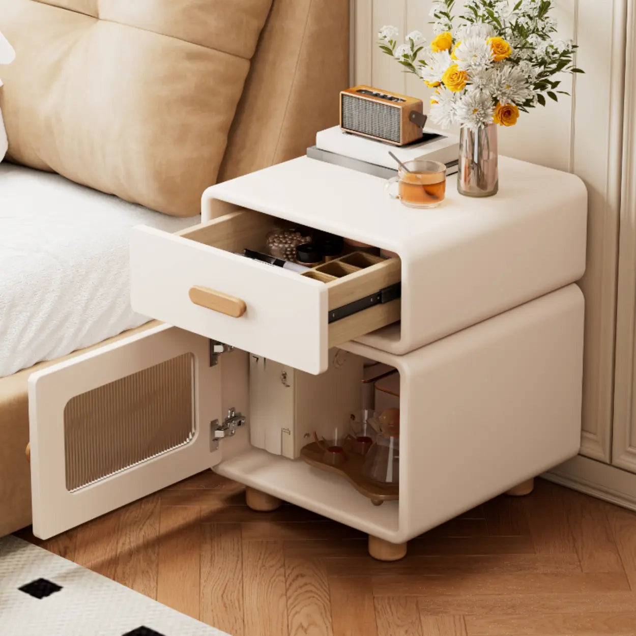 Modern Cream Wood Nightstand with Drawer and Cabinet