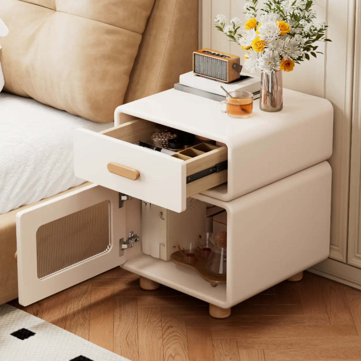 Modern Cream Wood Nightstand with Drawer and Cabinet — Black / Left Handed