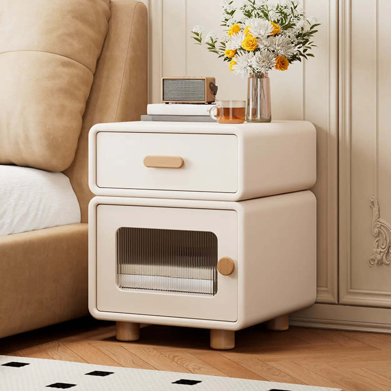 Modern Cream Wood Nightstand with Drawer and Cabinet — Black / Right Handed