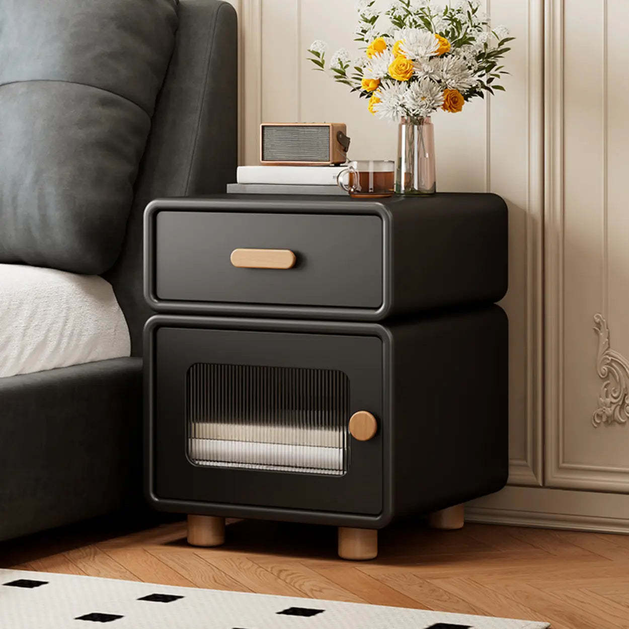 Modern Cream Wood Nightstand with Drawer and Cabinet — Cream / Left Handed