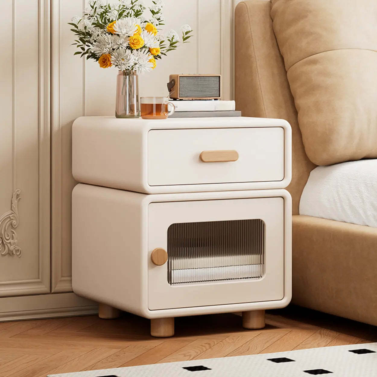 Modern Cream Wood Nightstand with Drawer and Cabinet — Black / Left Handed