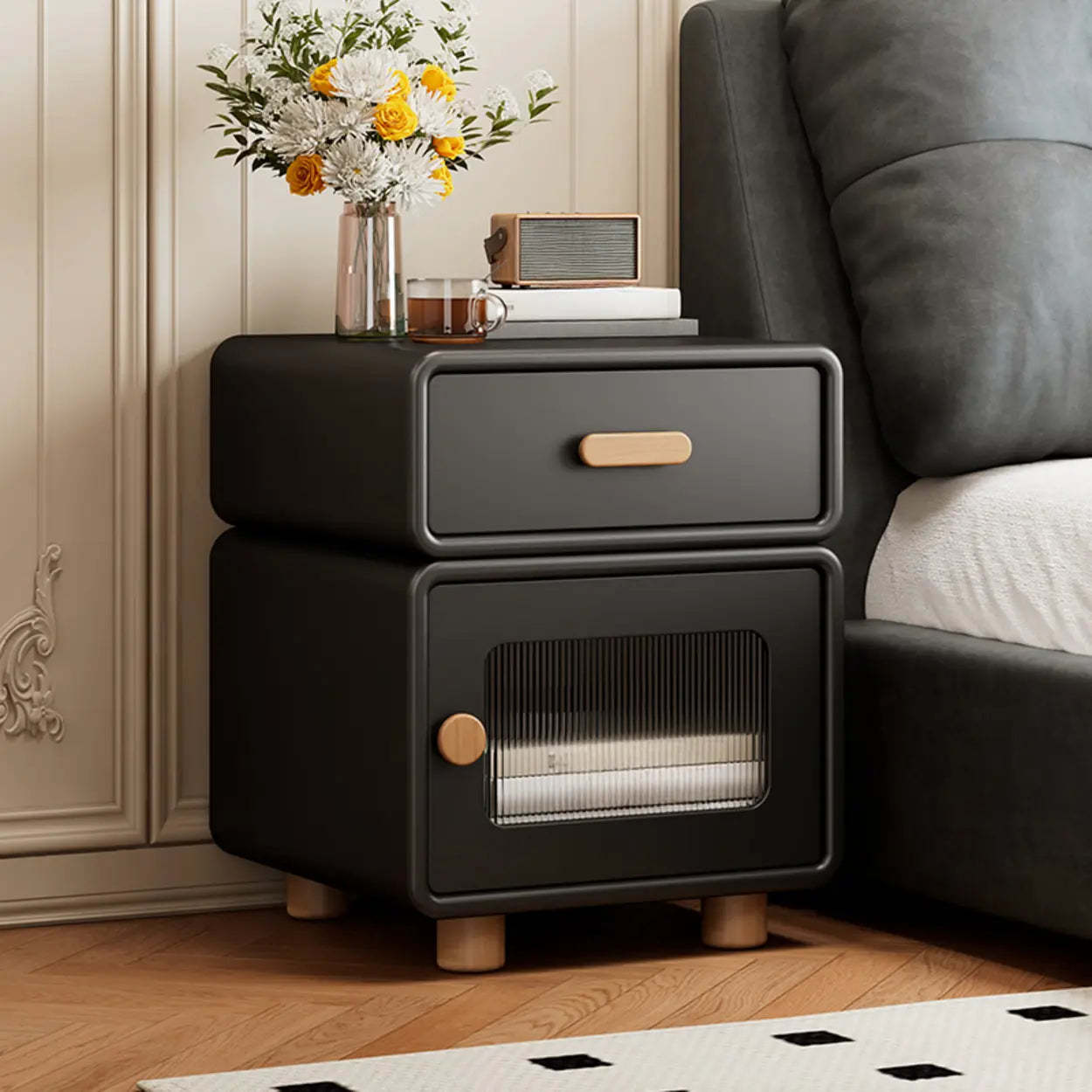 Modern Cream Wood Nightstand with Drawer and Cabinet — Cream / Left Handed
