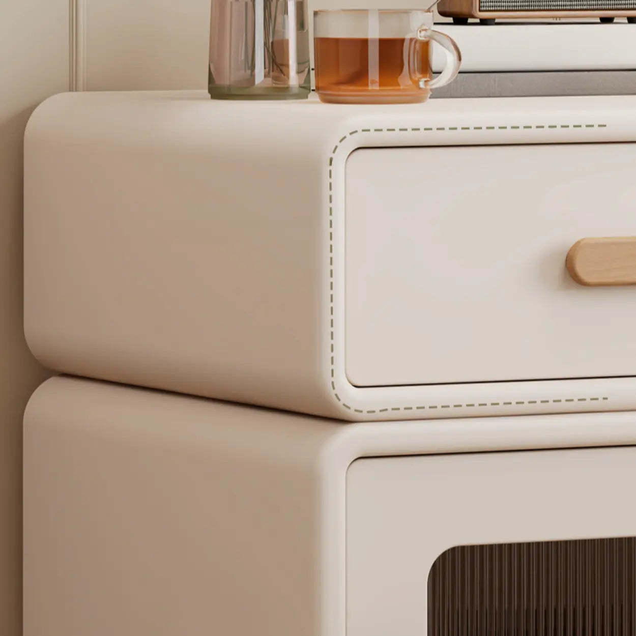 Modern Cream Wood Nightstand with Drawer and Cabinet — Cream / Right Handed