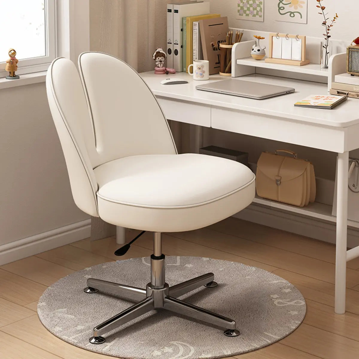 Modern Curved Pink Alloy Adjustable Task Stool — Light Gray / Microfiber Leather