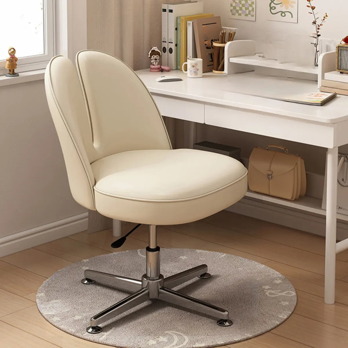 Modern Curved Pink Alloy Adjustable Task Stool — Off-White / Microfiber Leather