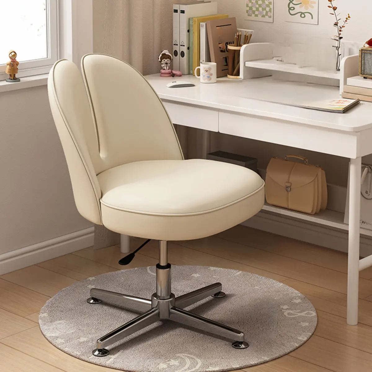 Modern Curved Pink Alloy Adjustable Task Stool — Off-White / Microfiber Leather