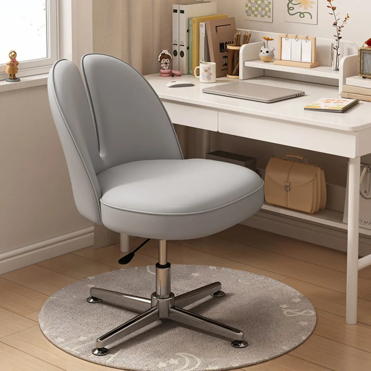 Modern Curved Pink Alloy Adjustable Task Stool — Beige/ Orange / Anti Cat Scratch Leather